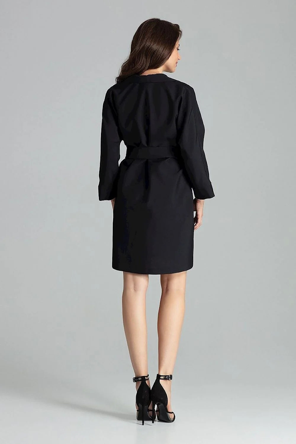 Robe élégante femme coton bleu profond col revers manches longues ceinture métallique moderne chic