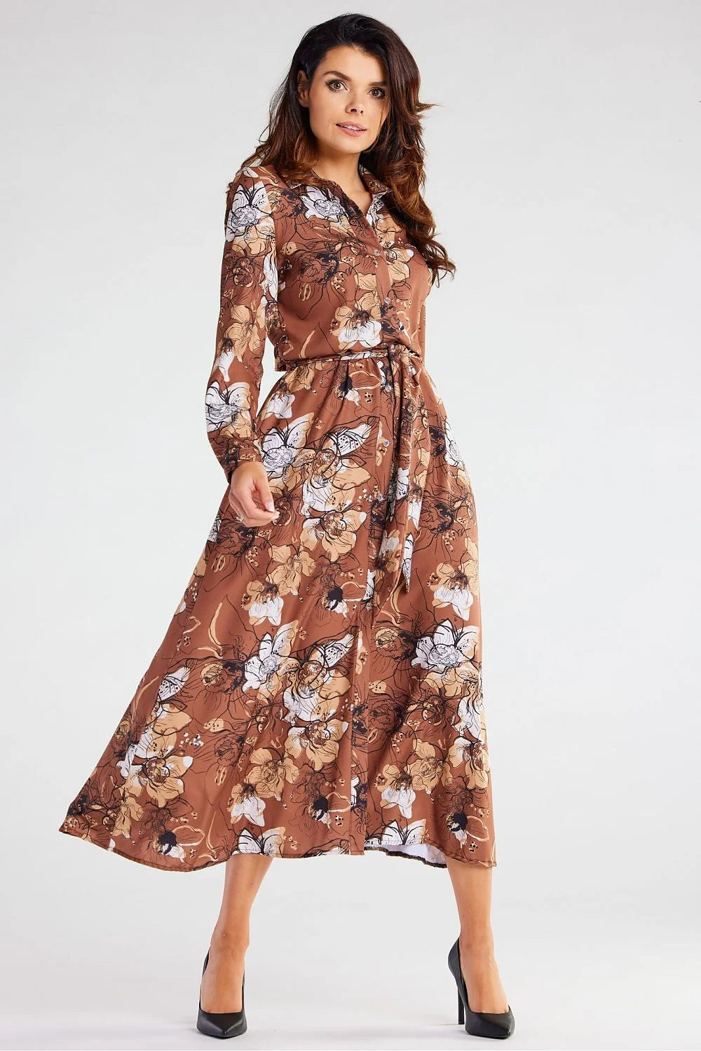 robe awama femme longue chemise manches longues motifs floraux marron caramel fluide ceinture ajustable evasee boutonnage