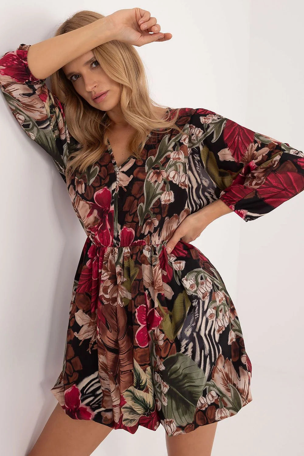 robe boho chic imprimé floral tropical animalier fond noir polyester léger fluide manches longues taille élastiquée
