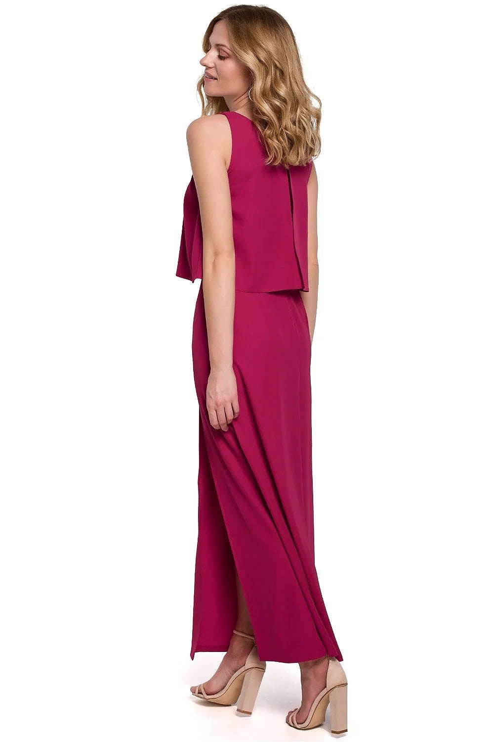 Robe cocktail polyester élasthanne longue corail sans manches élégante moderne fente latérale femme soirées