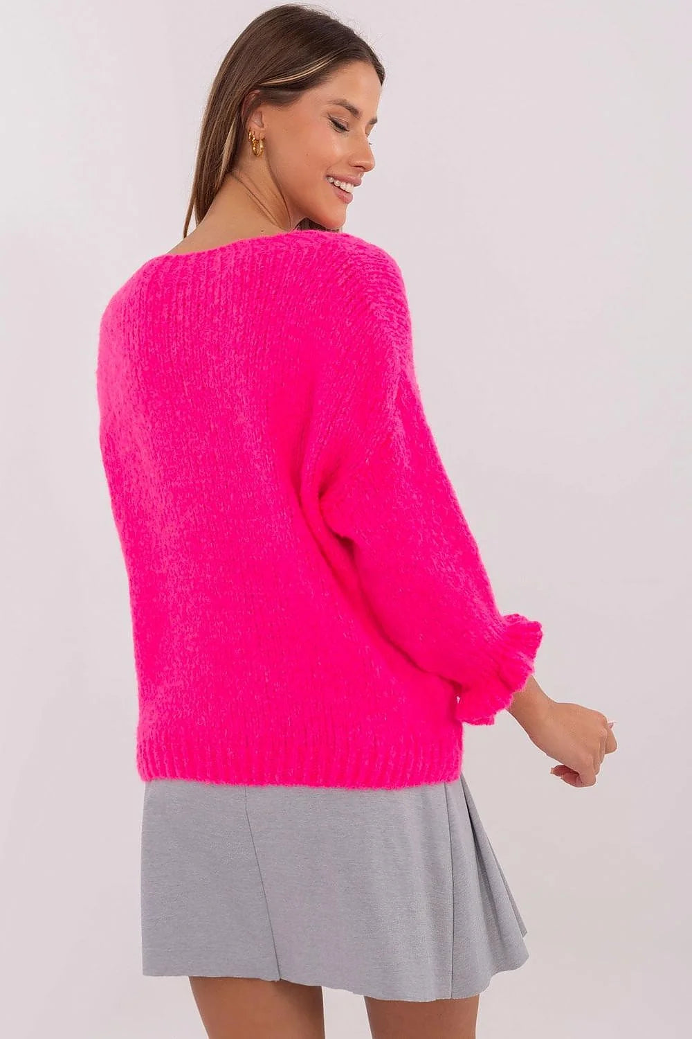 Chandail femme élégant couleur rose vif manches longues volants coupe droite laine épaisse mode Casual occasion quotidienne