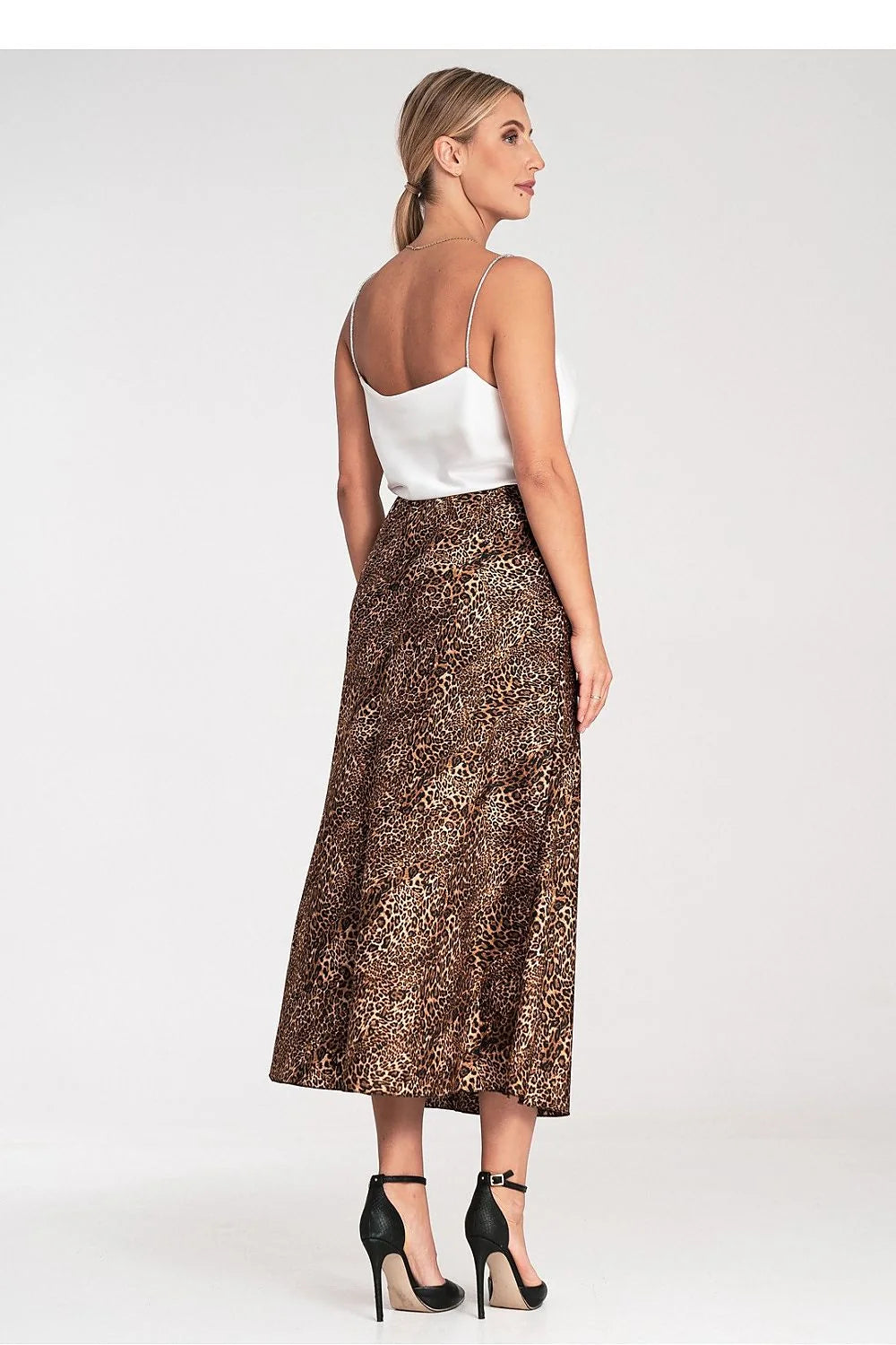 Jupe longue imprimé léopard tissu satiné élastique taille polyester 100 % coupe évasée chic soirée féminine