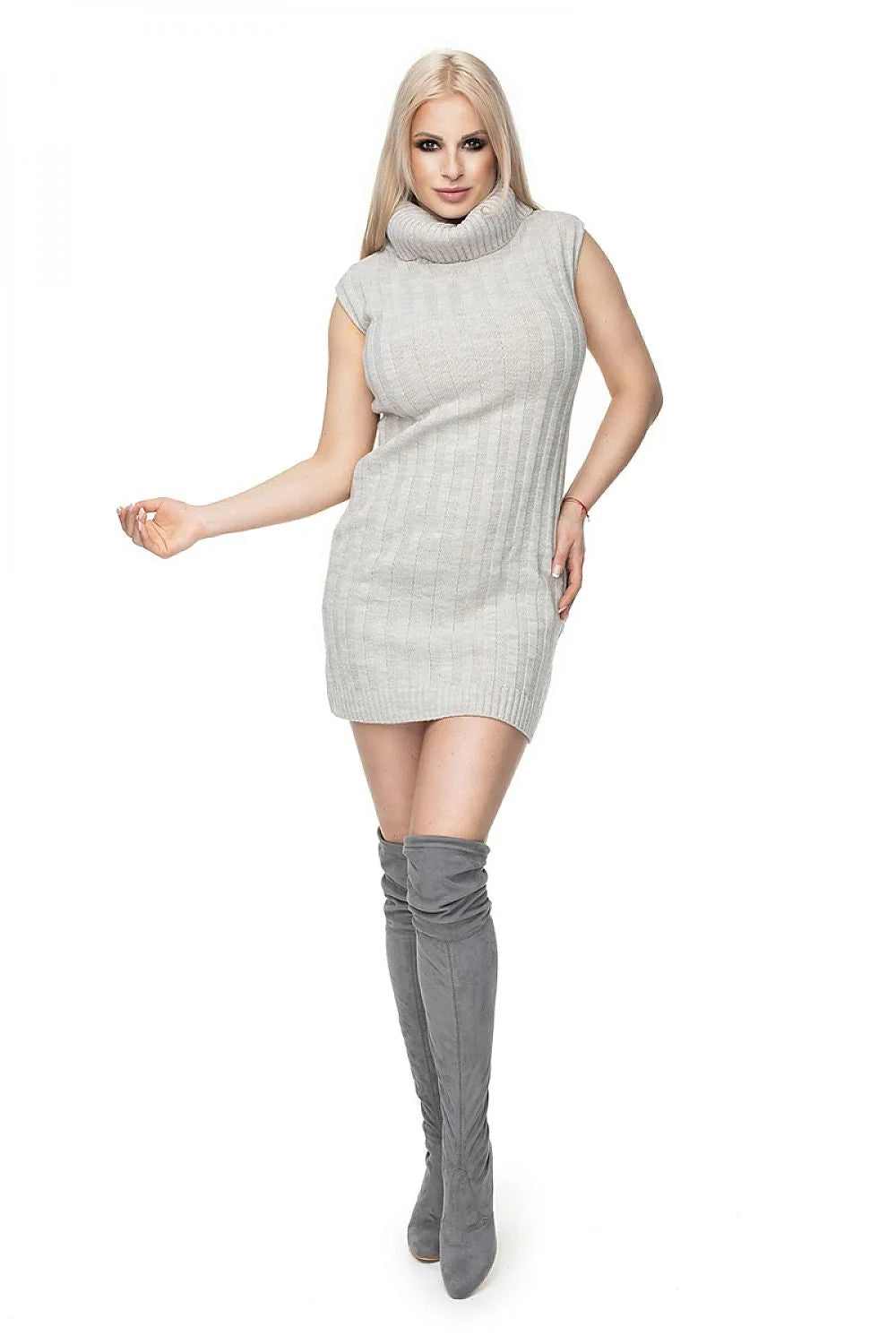 Robe pull sans manches Pee Ka Boo en maille côtelée bleu denim, col roulé, coupe ajustée, femme