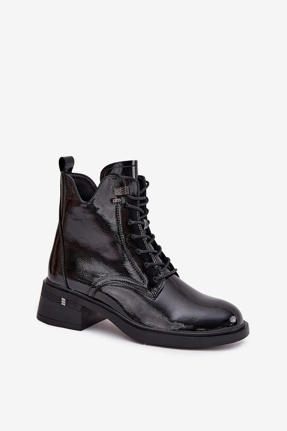 bottines Vinceza femme montantes cuir écologique verni noir lacets fermeture éclair doublée fourrure bout arrondi talon bloc bas