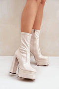 Bottines féminines audacieuses à talon haut et plateforme en cuir synthétique beige rosé, style moderne et élégant, confort et stabilité, idéales pour les soirées et les sorties