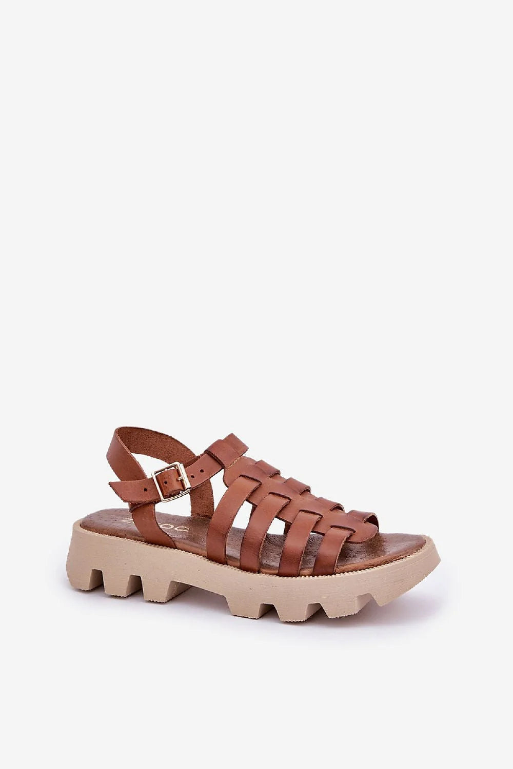sandales spartiates femme cuir cognac brides tressées ouvert bride cheville réglable boucle métal doré semelle crantée beige antidérapante plateforme chic