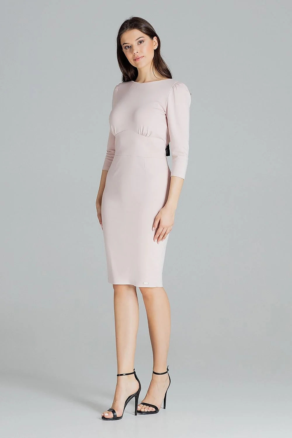 Robe midi polyester rose pâle élégante manches trois-quarts ajustée style chic pour femmes sophistiquées