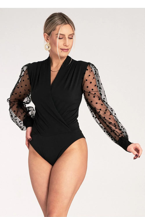 Body Figl design sophistiqué élégant décolleté croisé manches tulle pois noires polyester elasthanne femme occasion spéciale soirée