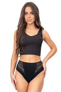 culotte taille haute noire microfibre empiècements dentelle florale transparente dos lisse côtés couverts gainante ceinture élastiquée nœud décoratif
