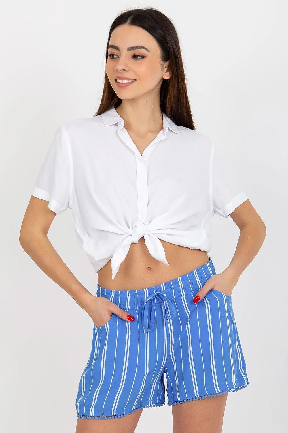 Shorts femme à taille nouée rayures verticales Respirant Casual Été Viscose 100% Taille ajustable Poches latérales