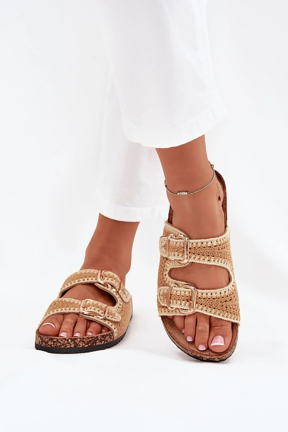 sandales femme crochet beige raphia double bride réglable boucles dorées semelle compensée liège suédine écologique crantée ergonomique bohème
