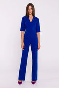 Combinaison Stylove élégante moderne bleu vif décolleté en V manches mi-longues taille structurée jambe droite femme occasion semi-formelle soirée