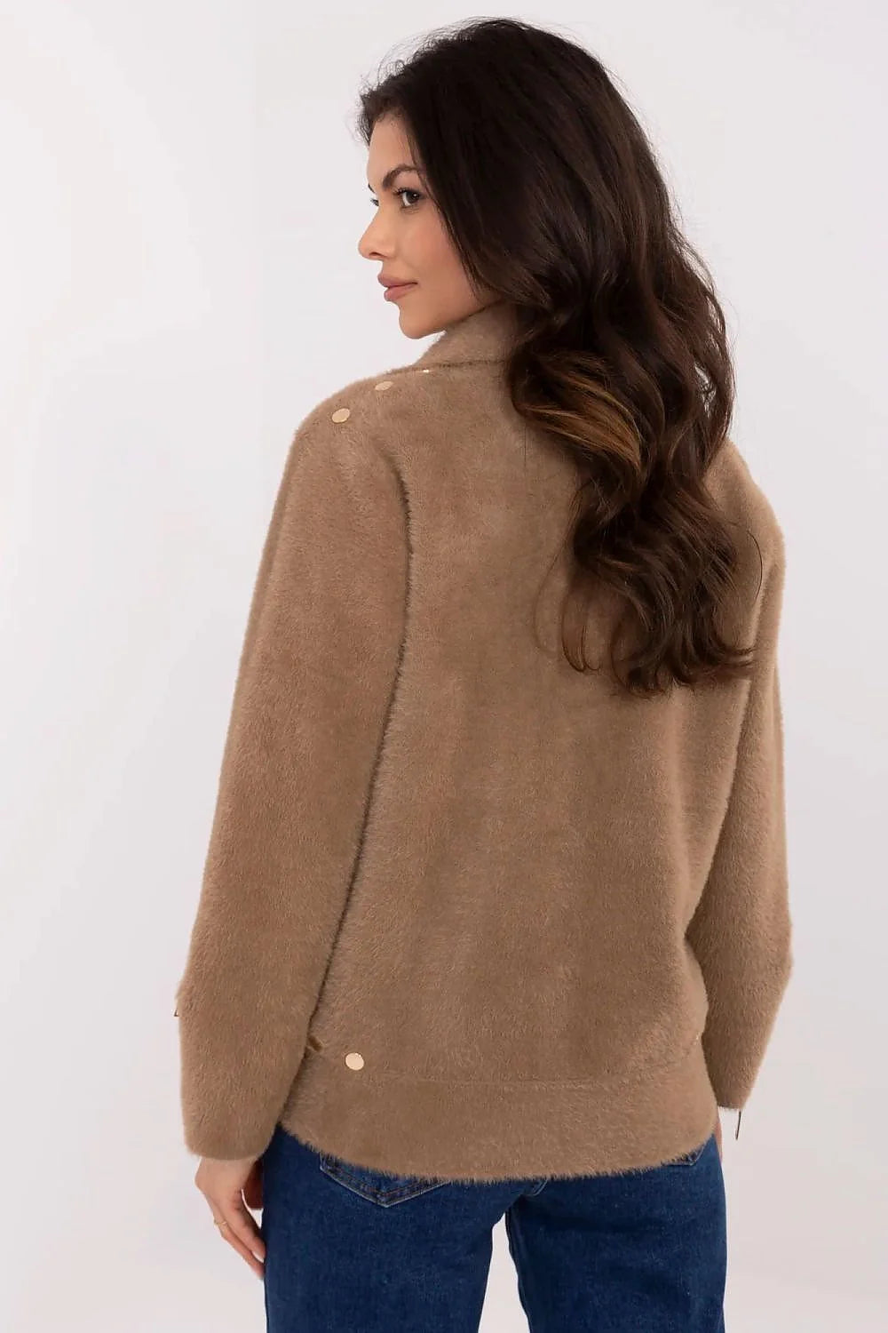 Veste blazer élégante pour femme en laine polyester angora viscose couleur beige camel col à revers ajustée sans capuche fermeture éclair dorée manches longues