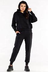 Costume de mode femme épuré tracksuit hoodie joggers coton polyester noir coupe ample élastique
