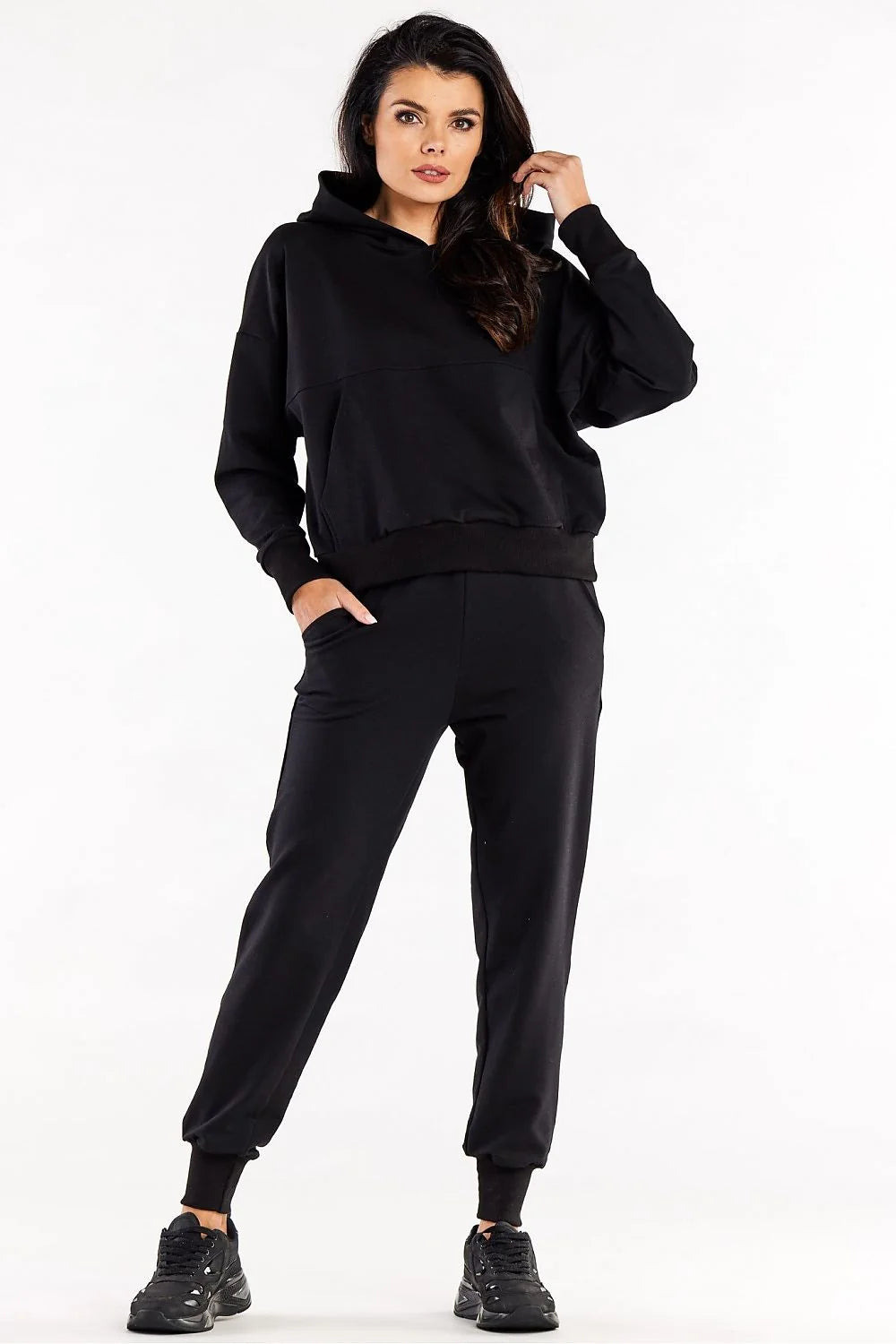 Costume de mode femme épuré tracksuit hoodie joggers coton polyester noir coupe ample élastique