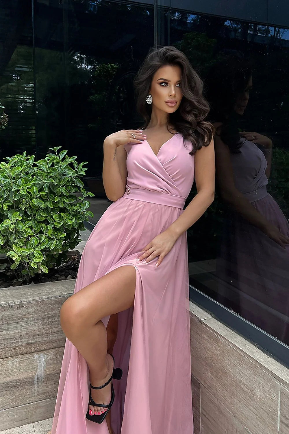 Robe de soirée élégante couleur rose pâle V croisé ceinture taille ajustable femme occasion formelle