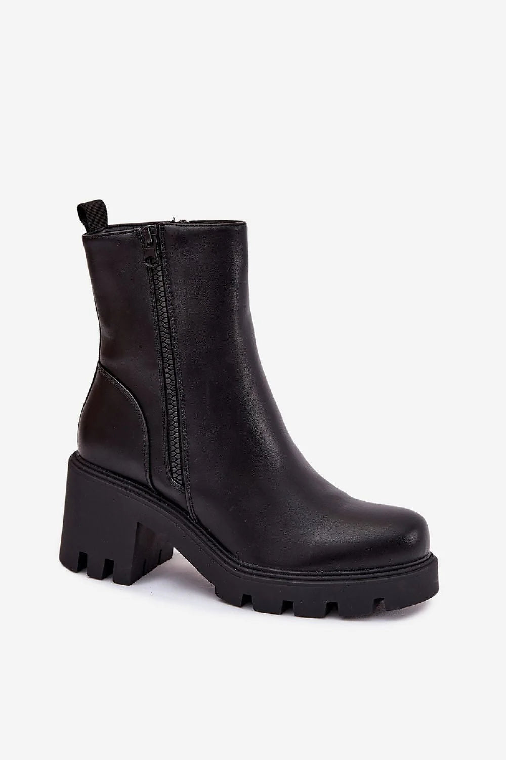 bottines femme noires similicuir mat cheville talon bloc semelle crantée antidérapante bout rond fermeture zippée latérale décorative doublure chaude confortable