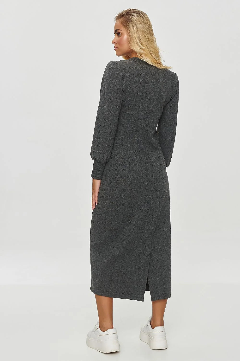 robe longue midi col V manches longues ballon poignets côtelés maille jersey extensible anthracite doux coupe droite cintrée