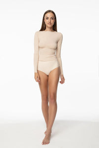 Corps de femme Julimex stretch beige manches longues coupe près du corps polyvalent vêtement de base féminin mode élégant