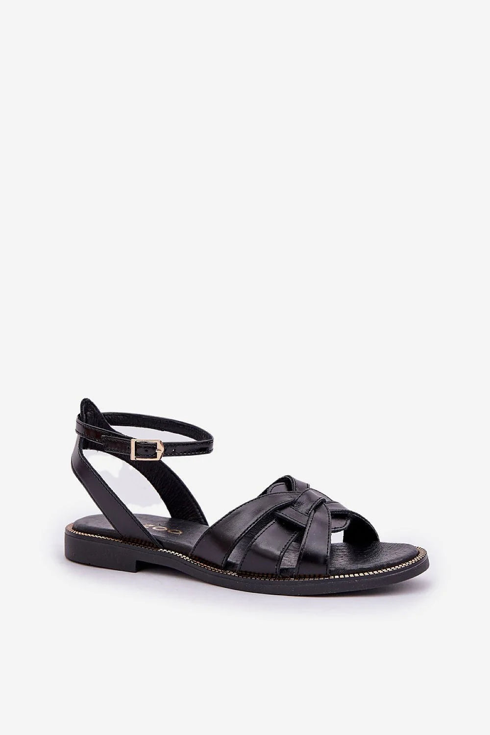 Sandales élégantes en cuir noir lanières croisées boucle dorée pour femme, confortable et intemporelle