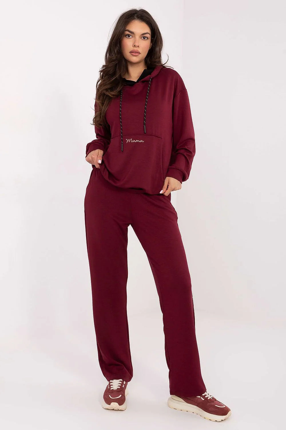 ensemble survêtement femme sweat capuche doublée bordeaux jersey doux viscose élasthanne coupe relaxed pantalon taille haute jambes droites