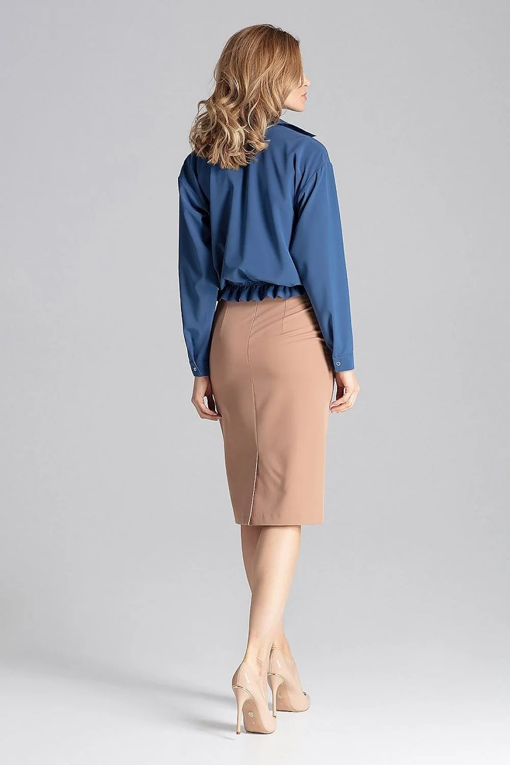 Chemise femme manches longues bleu clair élasthanne polyester coupe ample détails cordon ajustable finitions ciselées mode printemps été