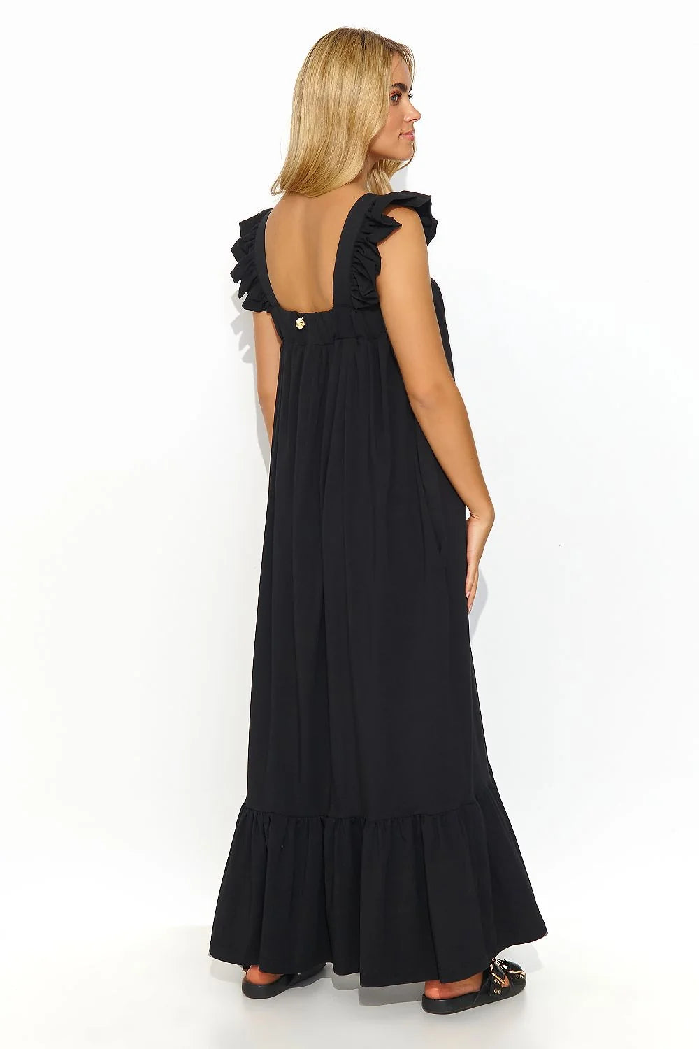 robe longue Makadamia noire maxi été fluide ample droite bretelles larges volantées encolure carrée plissée ourlet volant bohème