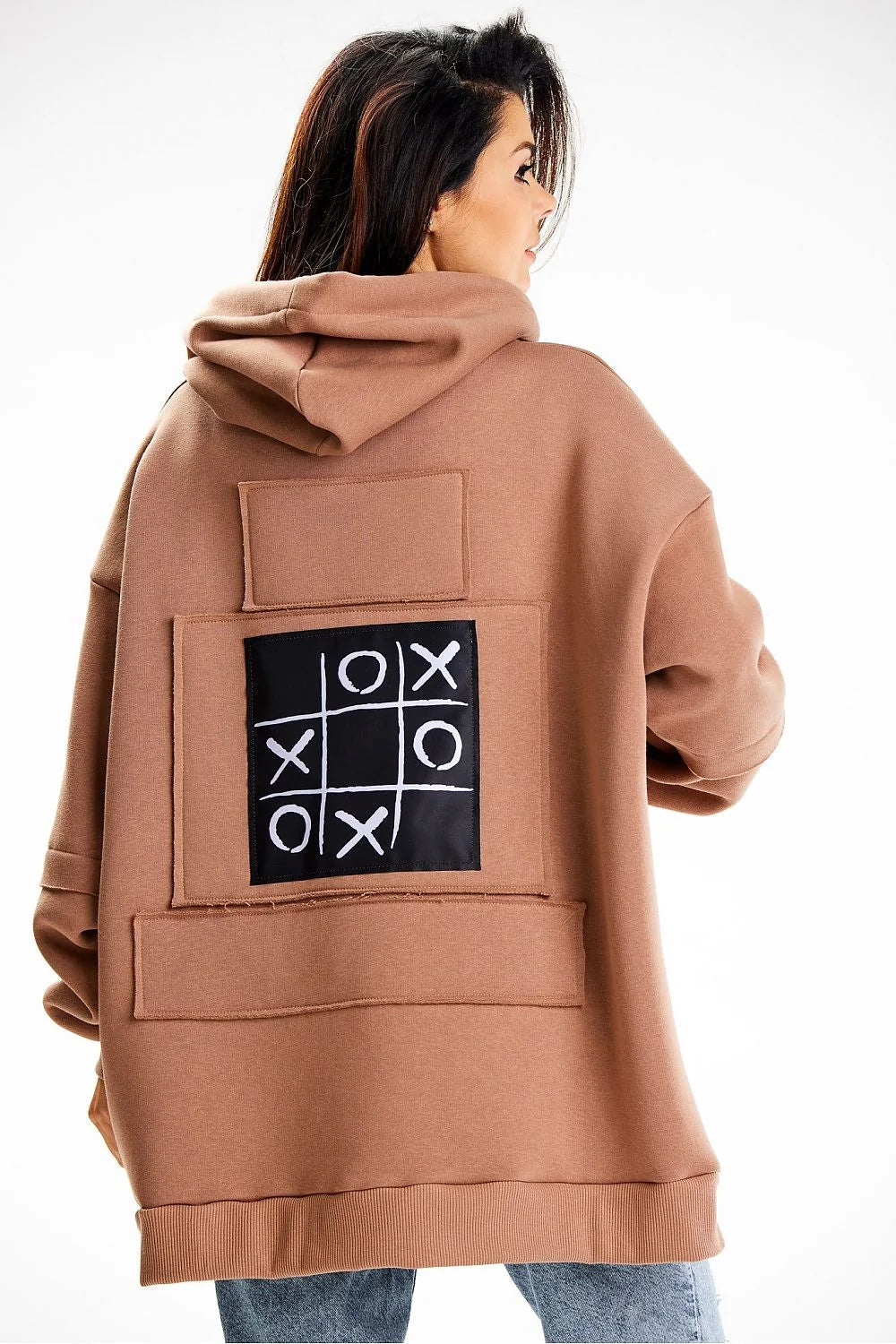sweatshirt femme oversize streetwear capuche coton polyester terracotta coupe longue épaules tombantes poche kangourou poignets côtelés ourlet brut cordons noirs