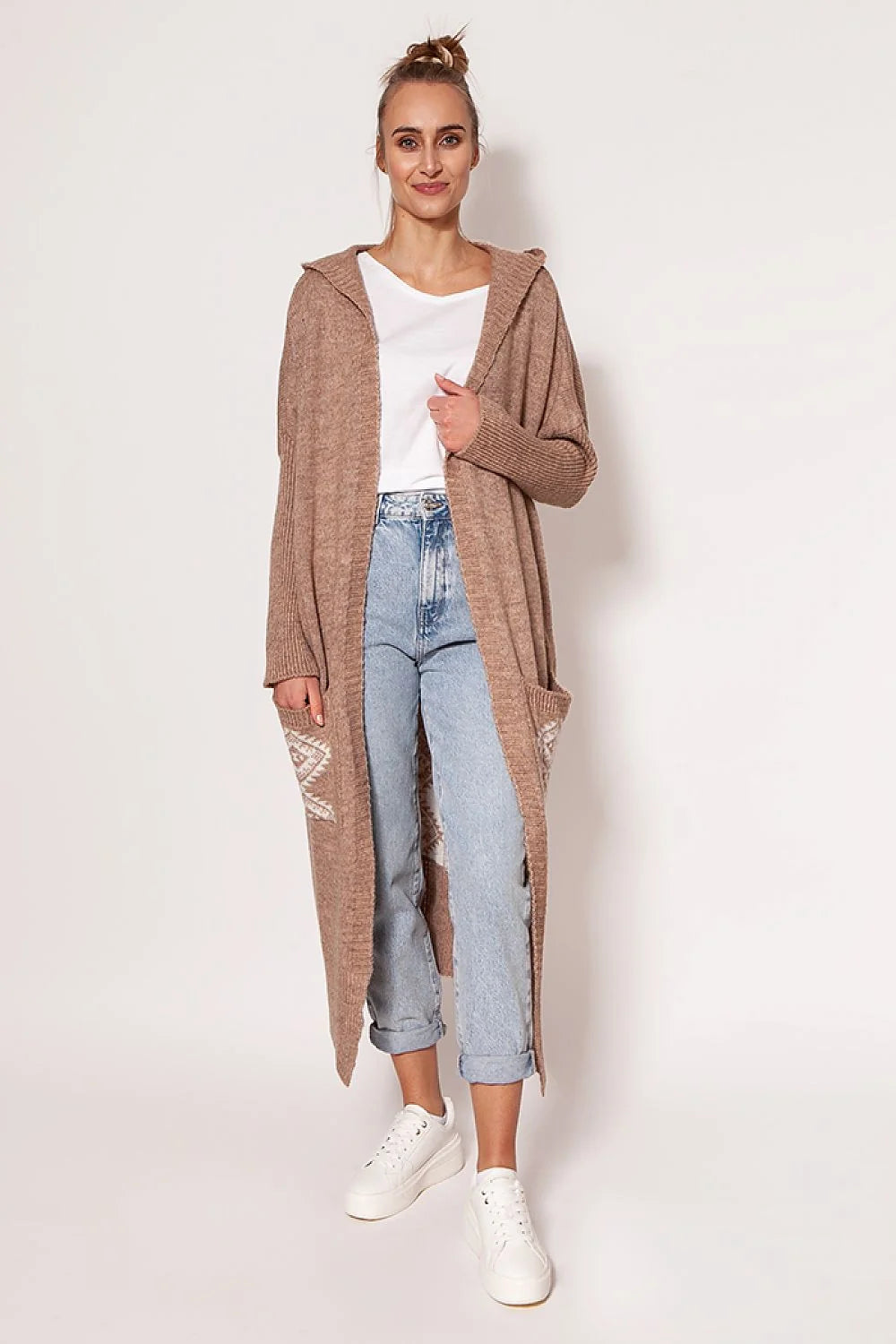 Cardigan pour femme en acrylique et laine, style décontracté, capuche et poches, longueur totale 120 cm