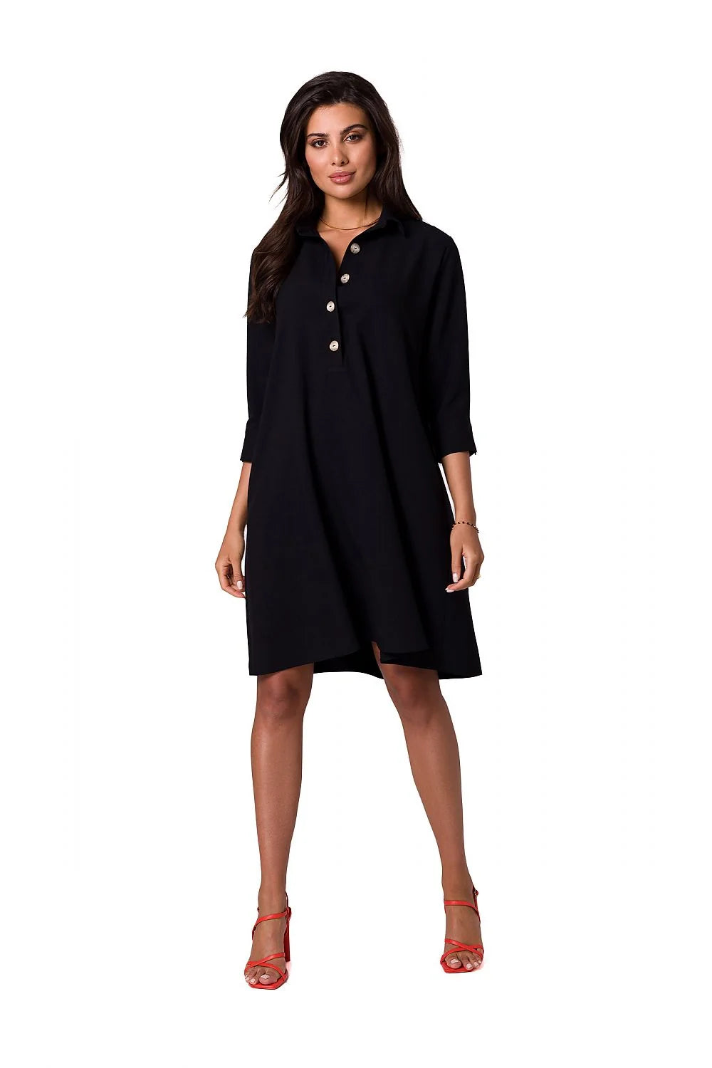 robe chemise BeWear casual chic évasée fluide manches trois quarts rose poudré tissu léger court poches boutonnage col revers intemporelle