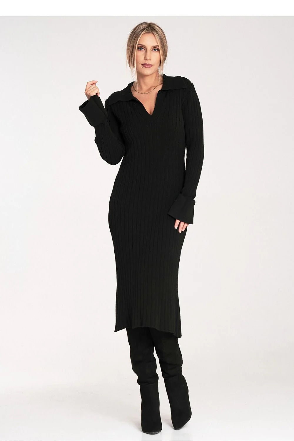 robe pull midi femme maille côtelée noire coupe droite près corps encolure V profonde manches longues tricot stretch mi mollet