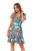 Robe de jour Moe portefeuille imprimé floral bleu orange blanc tissu léger manches courtes ceinture assortie femme été