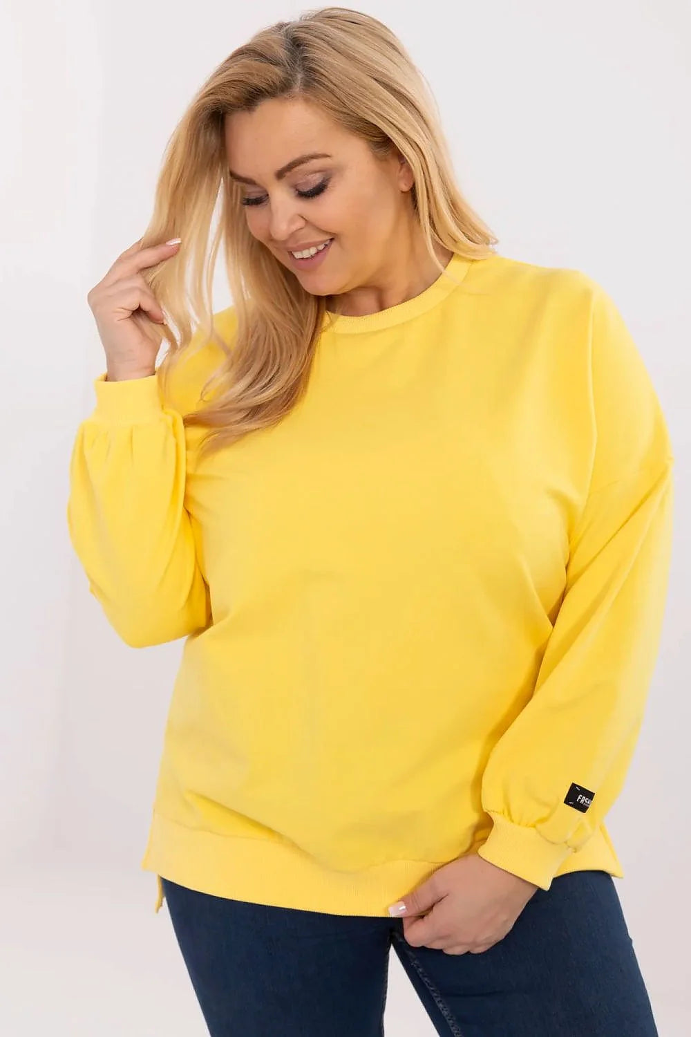 pull femme grande taille oversize coupe ample col rond manches ballon longues poignets côtelés molletonné doux jaune vif