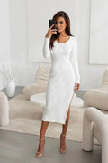 Robe de jour IVON longue ajustée manches longues décolleté rond boutons devant fente latérale coton élasthanne femme