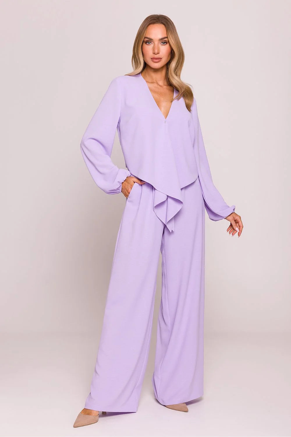 Chemisier Moe élégant tissu léger froissé décolleté V manches longues nœud asymétrique taille ajustable femme