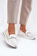 mocassins femme cuir naturel nacré irisé ivoire semelle compensée blanche grise antidérapante plateforme mors métallique argenté bout arrondi confort coutures
