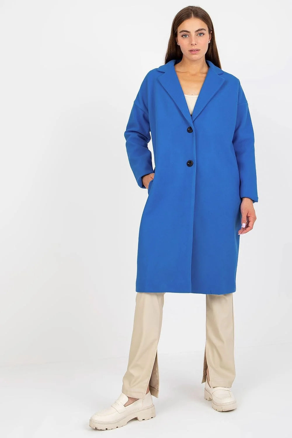 Manteau pour femme chic et moderne à col revers longueur mi-longue manches longues polyester 100% bleu vif