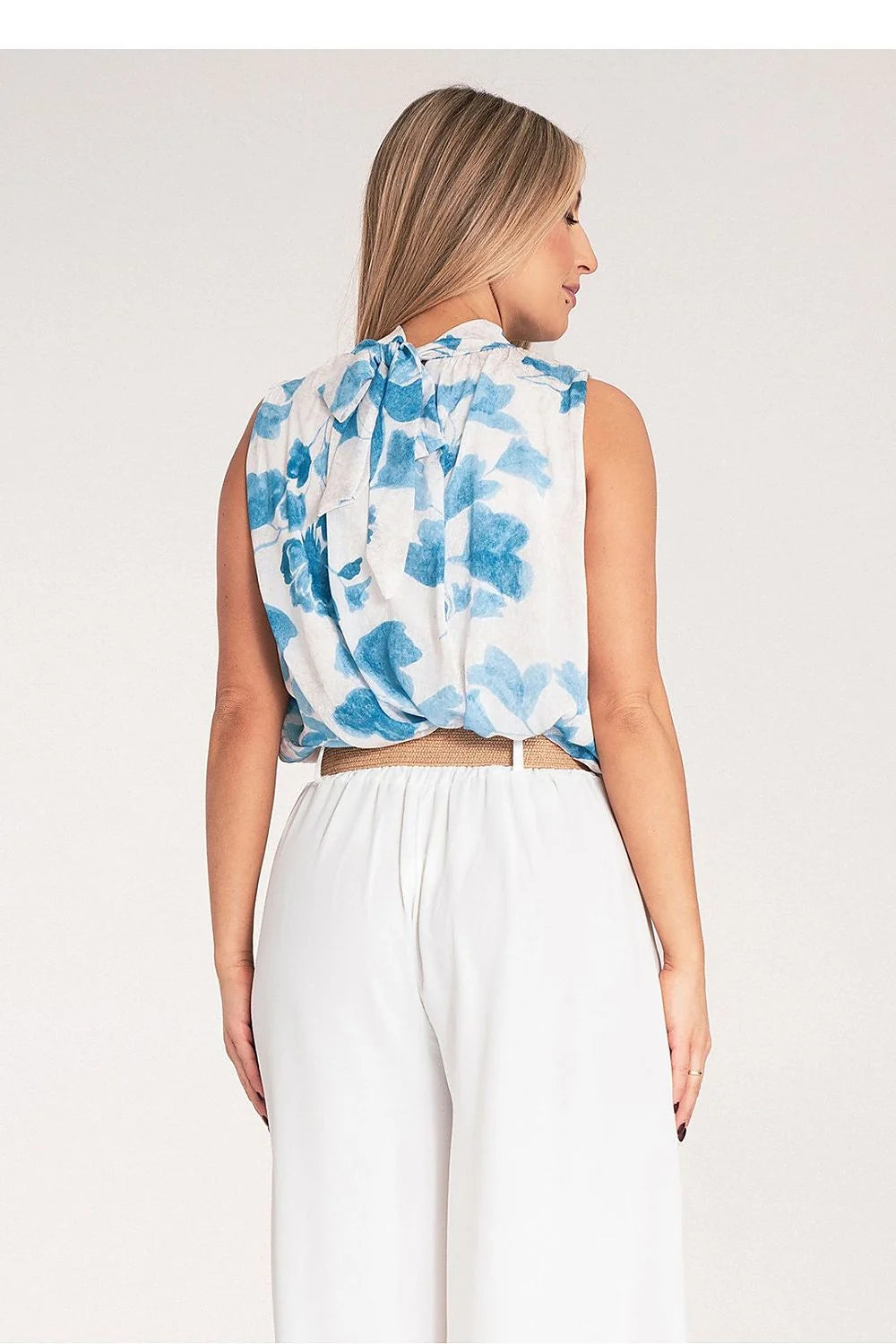 Chemisier sans manches fleuri en polyester 100% style élégant col montant motif floral bleu et blanc femme