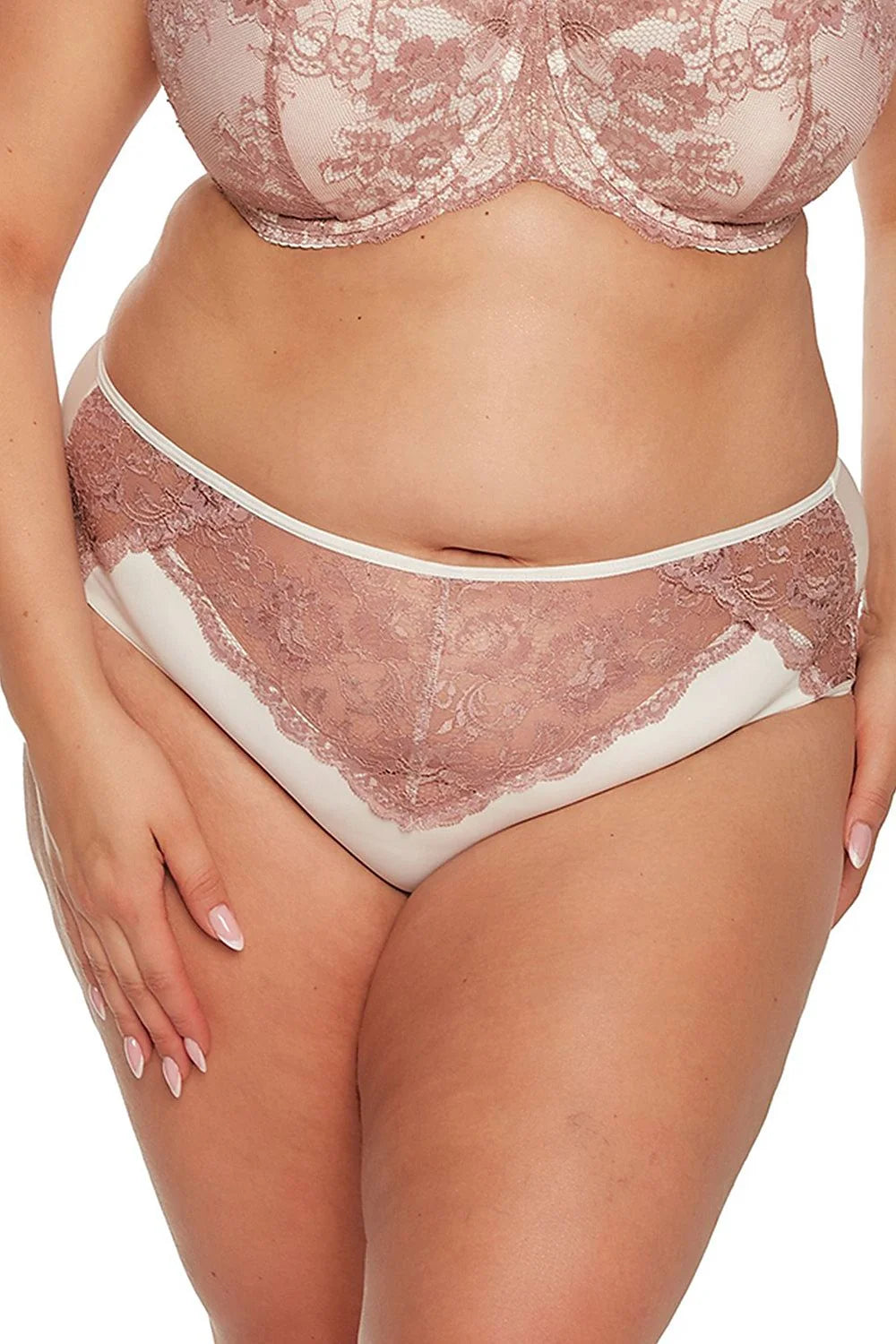 Ensemble de lingerie féminine Culottes Gaia soutien-gorge balconnet dentelle rose antique culotte classique tissu blanc cassé confort ajustable