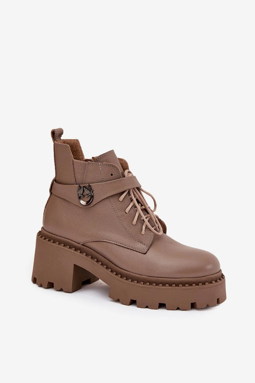 bottines femme cuir naturel taupe grainé doublure feutre confortables chaudes talon bloc semelle plateforme crantée bride boucle métal style urbain