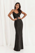 Robe de soirée élégante longue sans manches en viscose noire dos nu ajustable sirène