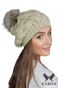 Bonnet féminin élégant en laine douce avec pompon en fourrure grise pour automne hiver KAMEA