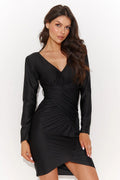 Robe de soirée élégante longue manches longues dos nu dentelle noire taille ajustable femme
