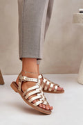 sandales femme élégantes cuir métallisé champagne gladiateur spartiates lanières entrelacées boucle réglable cheville semelle gomme talon bas confort ergonomique durable