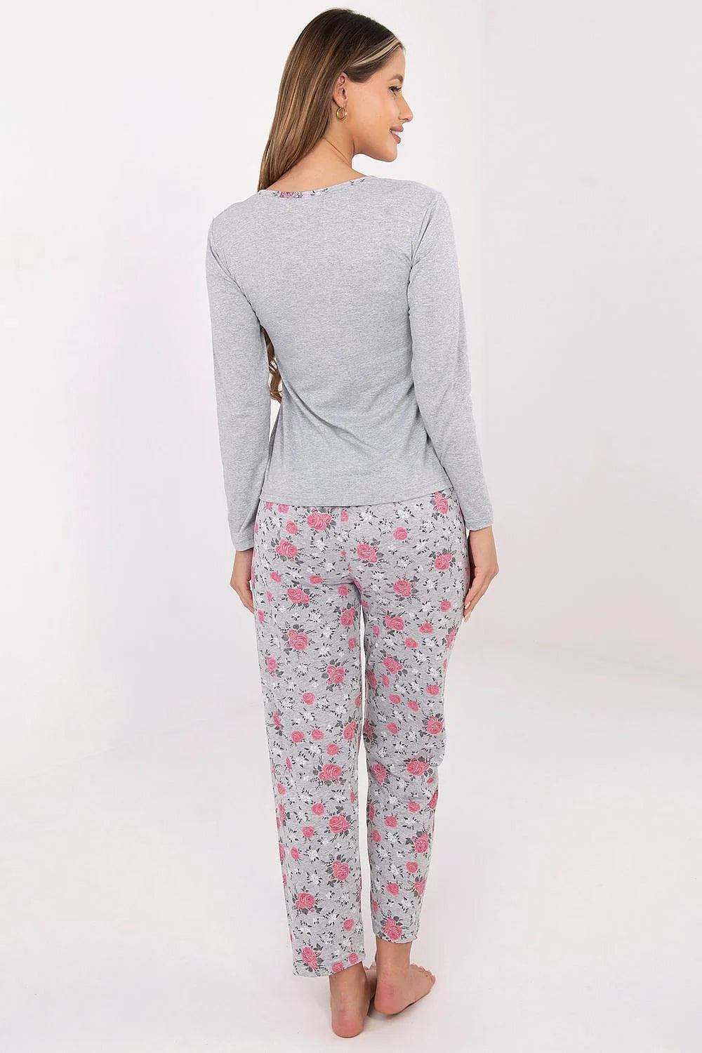 pyjama femme manches longues col rond patte décorative trois boutons fleur imprimée gris chiné pantalon droit taille élastique