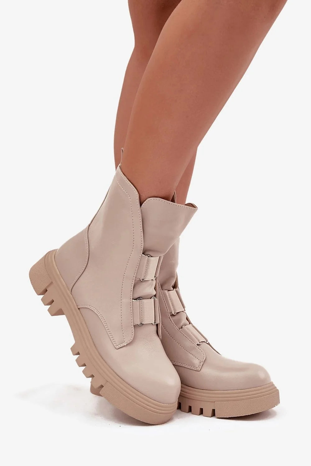 bottine femme similicuir beige rosé micheville sangles frontales décoratives fourrure synthétique semelle plateforme crantée antidérapante chunky urbaine confortable