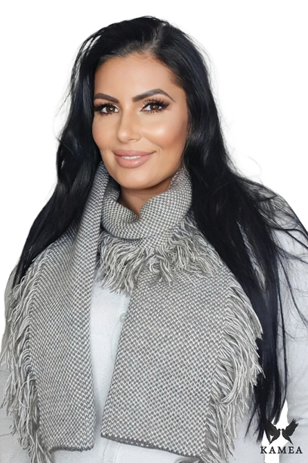 Écharpe pour femme design sophistiqué motif jacquard gris clair et foncé laine douce franges élégantes coupe longue style classique