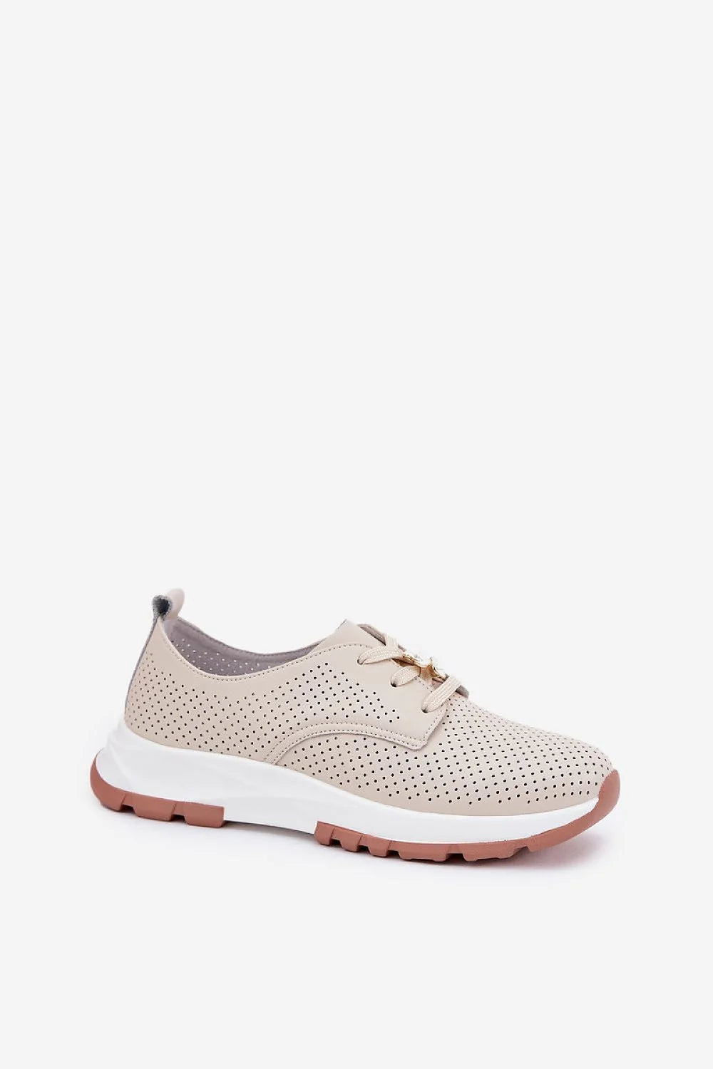 Chaussures basses femmes style élégant confort cuir plateforme lacets fleuris beige blanc marron clair