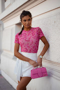 Chemisier La Balancia tulle floral manches courtes encolure ronde couleur rose doré femmes mode été