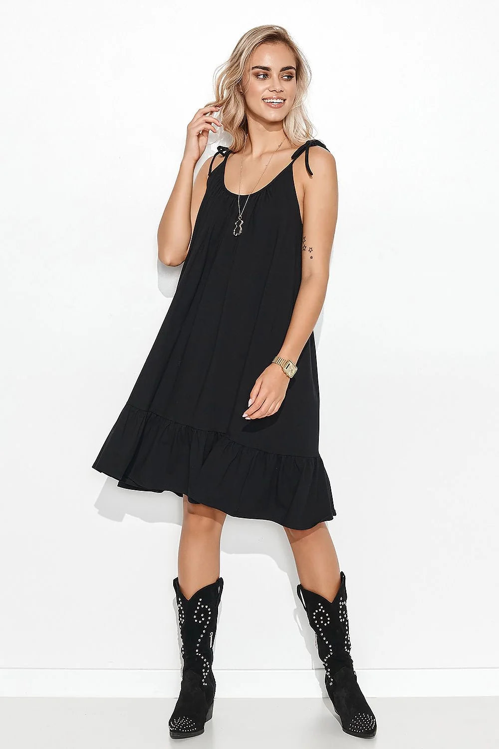 robe été courte trapèze bretelles fines nouées encolure froncée volant bas taupe jersey coton léger fluide poches latérales réglables confortable